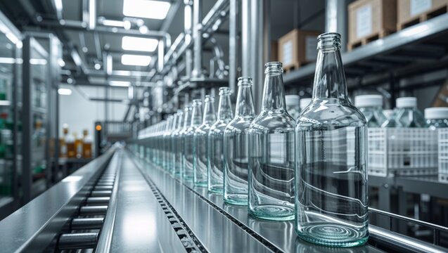 Glass bottles on a conveyor belt in a modern bottling factory, ready for filling.