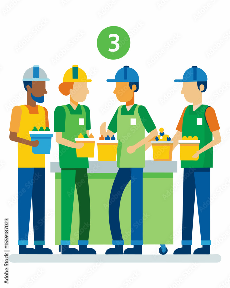 Poster a group of workers stands at a sorting station separating different types of plastics based on their