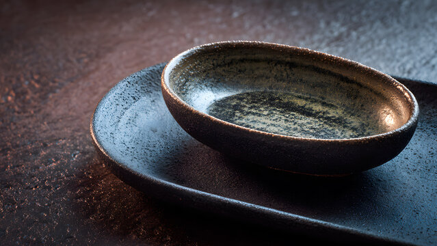 Still life featuring dark ceramic oval bowl nested on an oval platter, moody lighting.