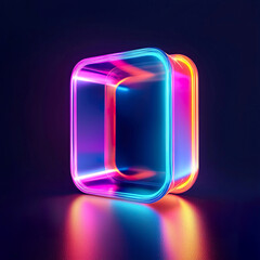  3D rendering of a glowing neon frame, cube with blue, pink, and purple hues on a dark background. Tech promotions, futuristic designs