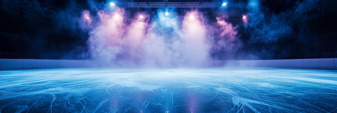 Empty hockey ice rink arena with blue ice surface, illuminated by colorful stage neon lights and surrounded by fog. Ssports events, team promotions, or dramatic background