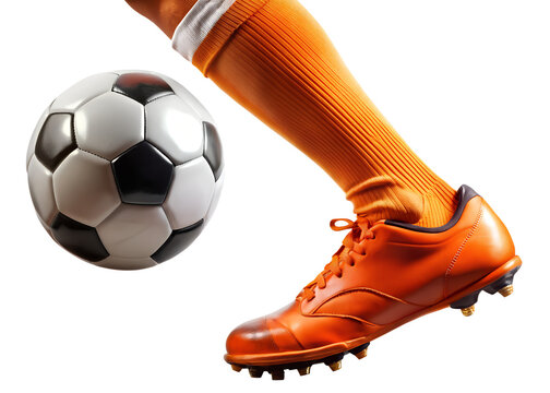 A soccer player in orange cleats and socks is kicking a black and white soccer ball, isolated on transparent background