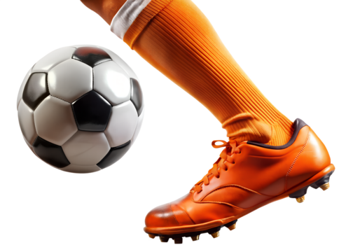 A soccer player in orange cleats and socks is kicking a black and white soccer ball, isolated on transparent background