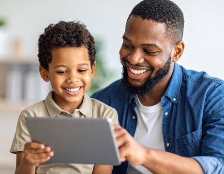 Glücklicher Vater zeigt seinem Kind auf dem Tablet ein Lernspiel – moderne Erziehung, Technik im Alltag