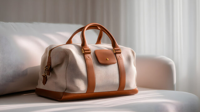 Elegant beige duffel bag with brown leather accents, resting stylishly on a modern couch.