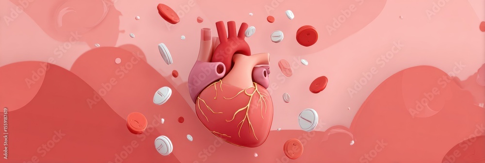Aufkleber stylized heart organ surrounded by floating health icons in a soft gradient red setting