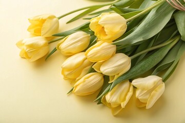 Obraz premium Bouquet of yellow delicate tulips on soft yellow background, Top view