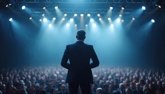 Businessman stands on stage facing large audience. Spotlights illuminate scene, highlighting presence, anticipation of crowd. Leadership, success, corporate event, keynote speech, business strategy.