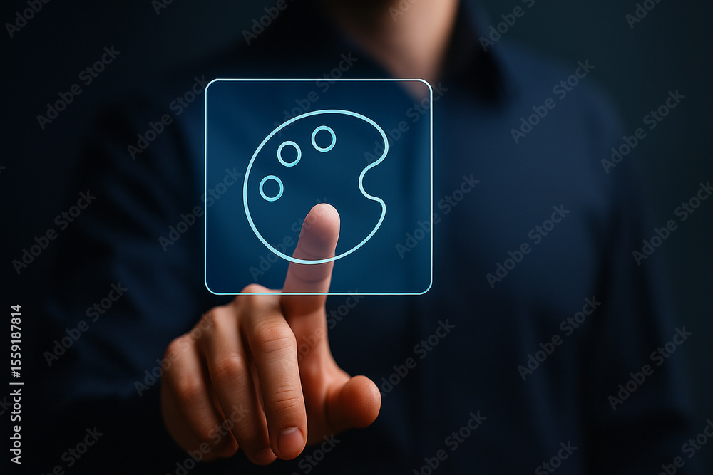 Poster man touching glowing virtual color palette icon in futuristic interface for digital design, creativi