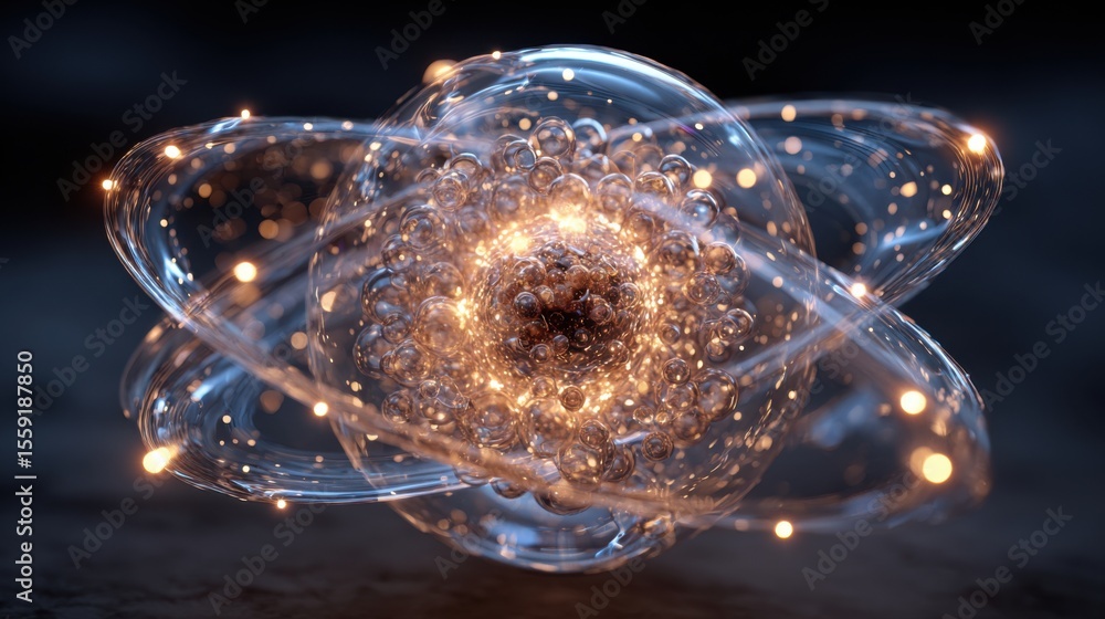 Poster the visual showcases a complex atomic structure with electrons orbiting around a dense nucleus. the 