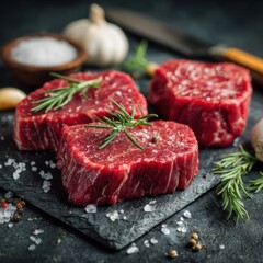 Three pieces of raw beef steaks are displayed on a dark stone slab, garnished with rosemary and salt. Fresh garlic and spices accompany the meat, highlighting the preparation for cooking.