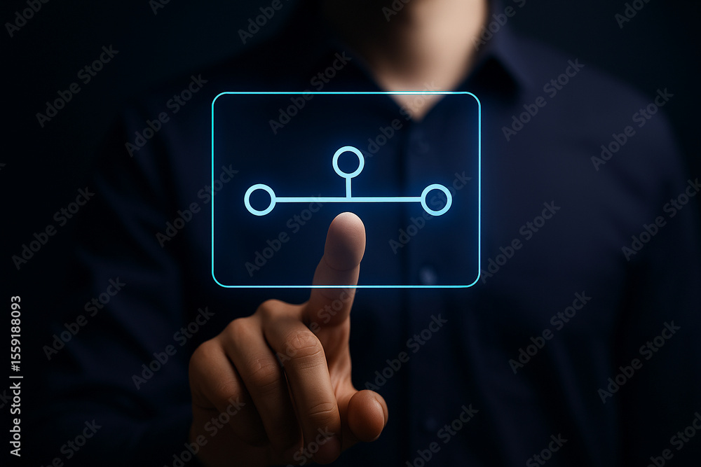 Poster businessman touching glowing digital timeline icon on virtual screen interface, futuristic technolog