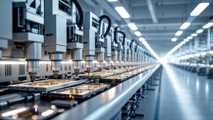 Automated machines assemble circuit boards in a modern, well-lit factory setting, showcasing technology.