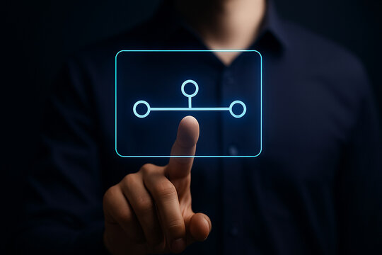 Businessman touching glowing digital timeline icon on virtual screen interface, futuristic technology concept for project planning and data visualization - Powered by Adobe