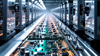 Circuit boards travel along an assembly line in a modern electronics factory.