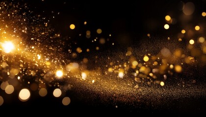 golden dust and glitter bokeh particles effect against black background shimmering gold lights abstract overlay