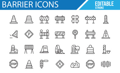 A Set of Traffic Barrier, Roadblock, and Construction Icons for Safety and Road Work