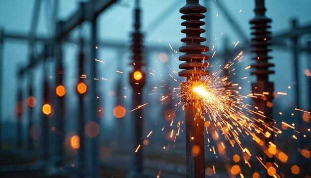 Close-up photo of electric equipment with sparks, arcing in power substation. High voltage, dangerous energy. Power distribution, electricity production, transmission tech, safety, engineering