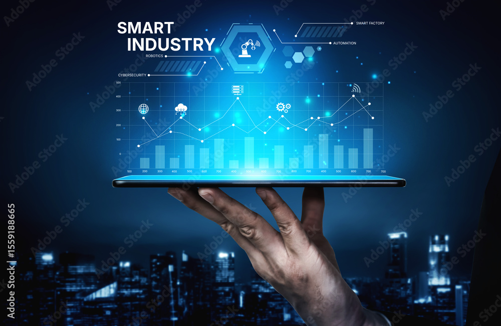 Poster smart industry dashboard combining automation, robotics, cloud integration, cybersecurity, and data 