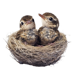 Two baby birds nestled together in a woven nest on a black background
