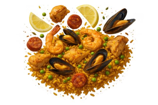 Delicious paella with seafood, chicken, and chorizo isolated on transparent background