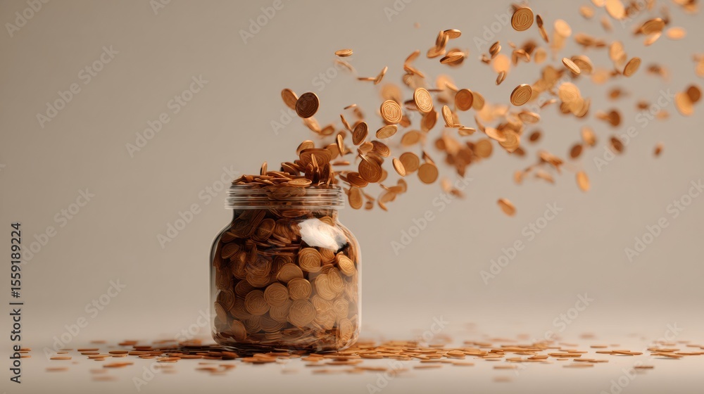 Poster savings jar filled with flying coins in a creative clay style background with a soft glow