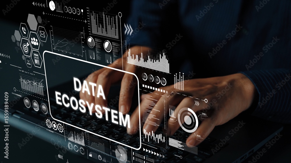 Poster modern digital data ecosystem concept with hands typing on laptop in business environment. asymptoti