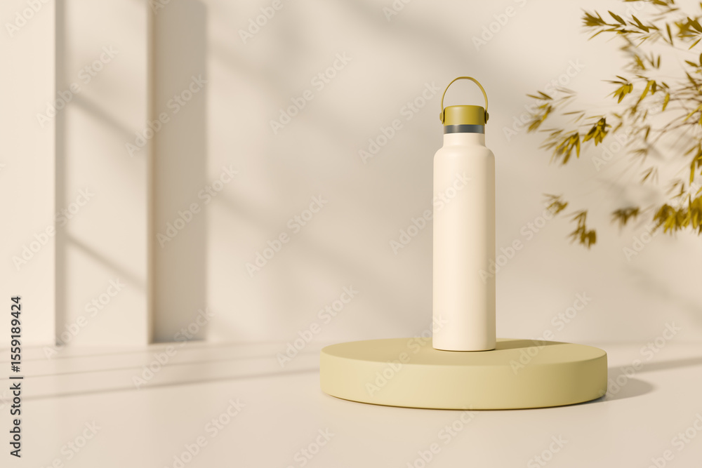Poster minimalist beige water bottle displayed on a round platform with soft natural light. 3d rendering