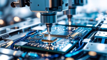 Precision machinery intricately works on a circuit board, highlighting technological advancement and electronics.