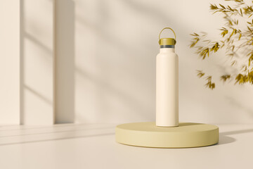 Minimalist beige water bottle displayed on a round platform with soft natural light. 3d rendering