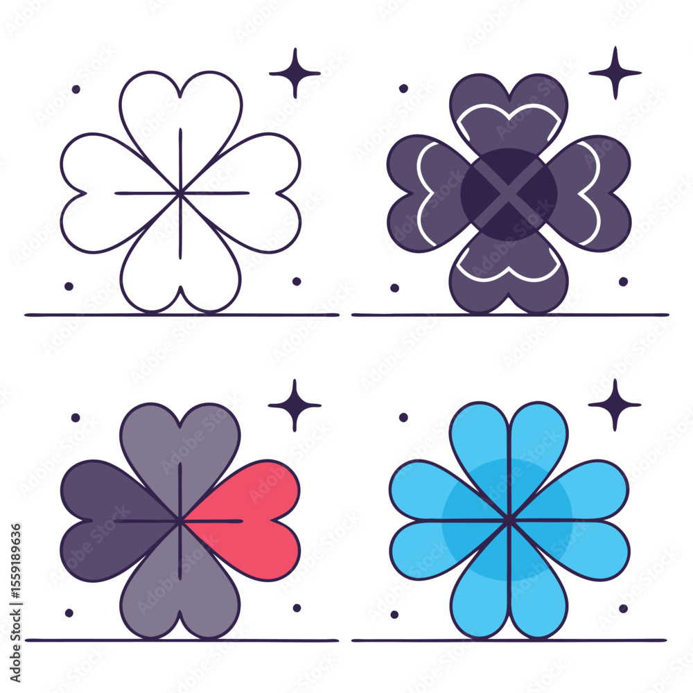 Poster four leaf clover icon set with different color variations and outline