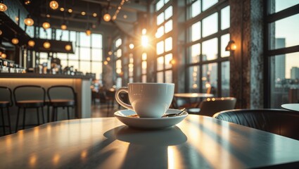Enjoy the morning in a modern cafe with a warm cup of coffee on the table.