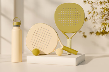 Modern beige and gold padel tennis paddles with ball and water bottle. 3d rendering