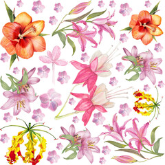 Floral patchwork: A vibrant collage of lilies and hibiscus blossoms in a watercolor style