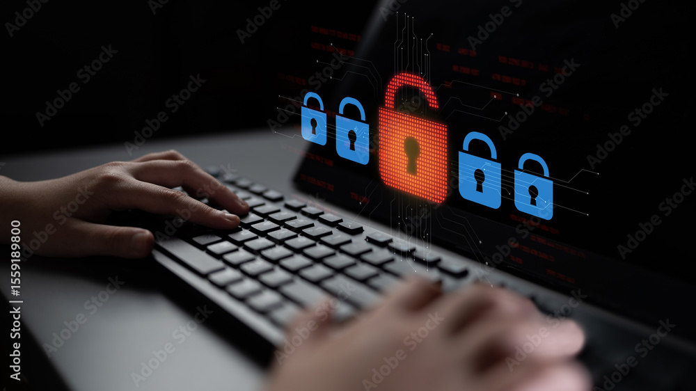 Poster digital security concept illustrating a cybersecurity breach, with a red unlocked padlock indicating