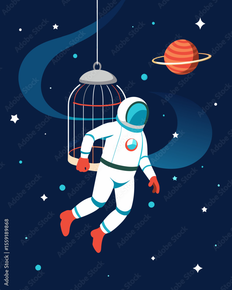 Poster an astronaut floating in space but with a cage mask over their head signifying the isolation and con