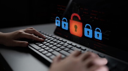Digital security concept illustrating a cybersecurity breach, with a red unlocked padlock...