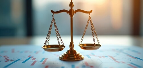 Balance scales on financial chart background symbolize budget income optimization concept. Justice, fairness in business. Weighing decisions in finance. Legal, compliance, law, ethics, regulation in