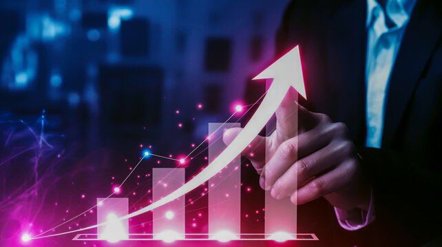 A rising arrow illustrates a successful business as it follows a powerful growth strategy achieving goals through strategic planning development and consistent execution for sustainable expansion