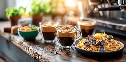 Fototapeta premium Coffee and Pasta Meal on Rustic Wooden Counter in Bright Kitchen