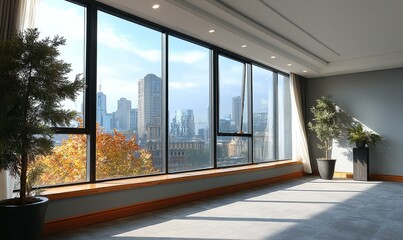 Fototapeta premium Modern City View Office Interior with Large Windows