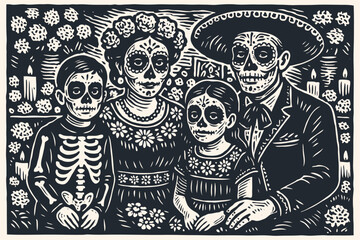 A Mexican family with sugar skull makeup celebrating the Day of the Dead (Dia de los Muertos). Vector illustration in a classic woodcut or linocut print style.