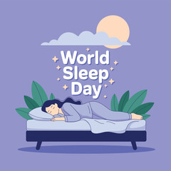 World sleep day illustration of woman sleeping peacefully on bed promoting healthy sleep habits and wellness