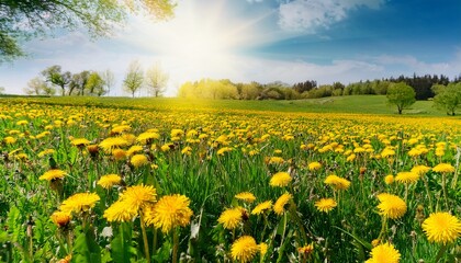 field of vibrant yellow dandelion flowers growing in a sunny meadow