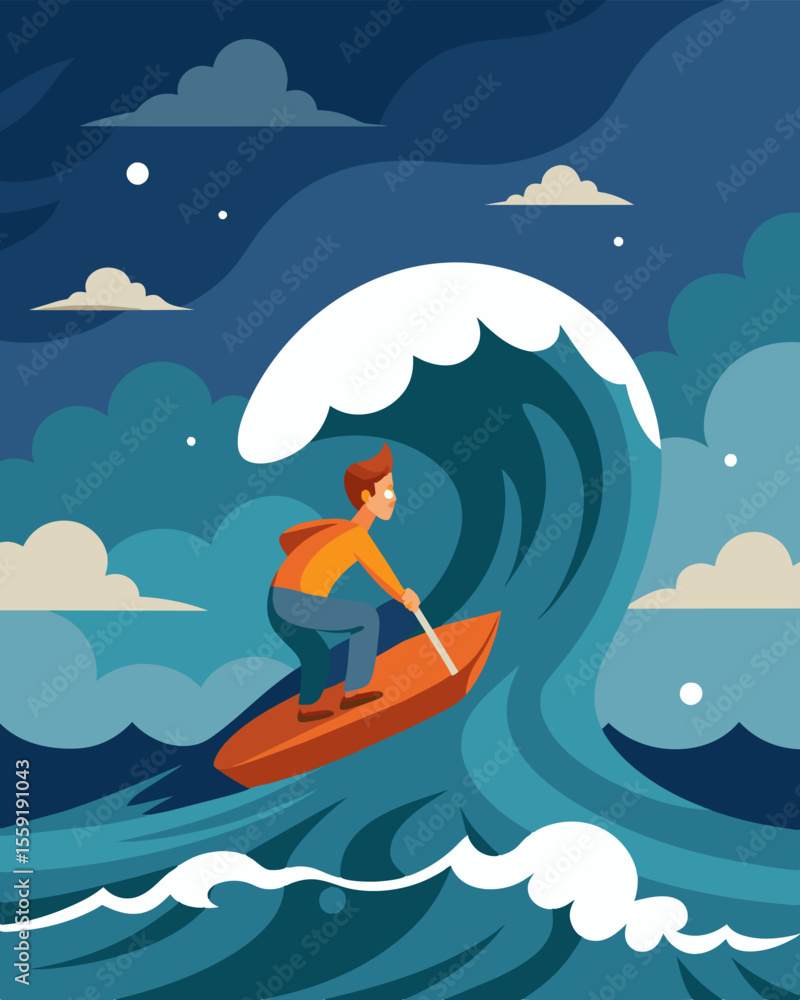 Poster surrounded by the turmoil of a stormy sea a lone figure clings to a raft their doubts growing louder