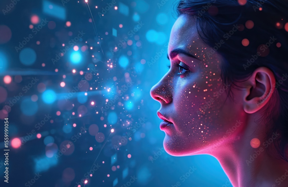 Aufkleber portrait young woman connected to ai tech. abstract tech design neon glow particles, light. ai, natu