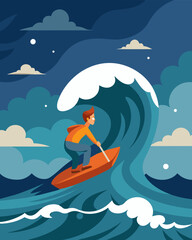 Surrounded by the turmoil of a stormy sea a lone figure clings to a raft their doubts growing louder with each thunderous wave that crashes around them.. Vector illustration