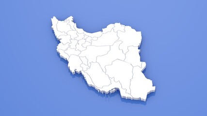 3D Render of Iran Map with State Borders on Blue Background