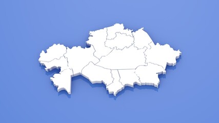 3D Render of Kazakhstan Map with State Borders on Blue Background