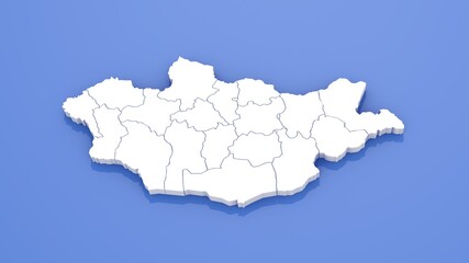 3D Render of Mongolia Map with State Borders on Blue Background